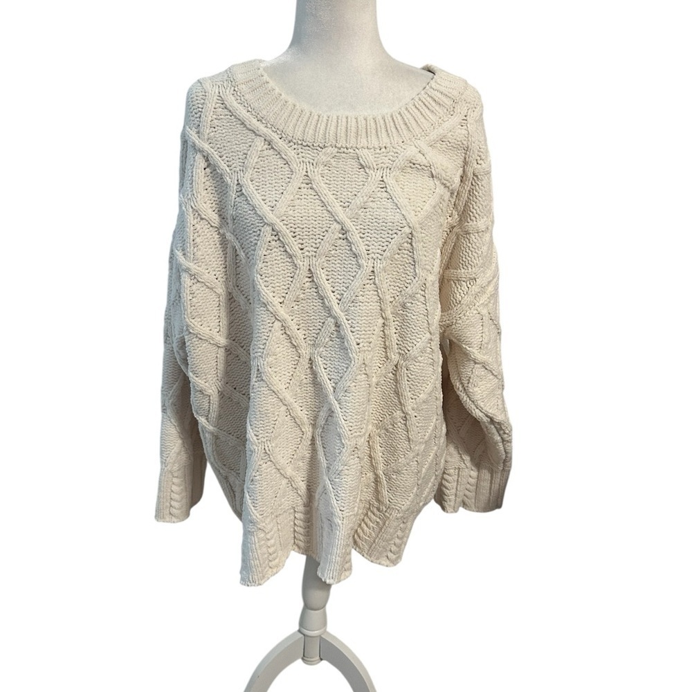 Indigo Soul Cream Lattice Cable Knit Diamond Sweater Size 2X Oversized Relaxed